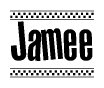 The image contains the text Jamee in a bold, stylized font, with a checkered flag pattern bordering the top and bottom of the text.