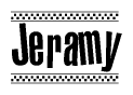 The clipart image displays the text Jeramy in a bold, stylized font. It is enclosed in a rectangular border with a checkerboard pattern running below and above the text, similar to a finish line in racing. 