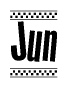 The image is a black and white clipart of the text Jun in a bold, italicized font. The text is bordered by a dotted line on the top and bottom, and there are checkered flags positioned at both ends of the text, usually associated with racing or finishing lines.
