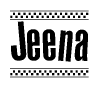 The clipart image displays the text Jeena in a bold, stylized font. It is enclosed in a rectangular border with a checkerboard pattern running below and above the text, similar to a finish line in racing. 