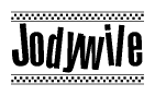 The image is a black and white clipart of the text Jodywile in a bold, italicized font. The text is bordered by a dotted line on the top and bottom, and there are checkered flags positioned at both ends of the text, usually associated with racing or finishing lines.