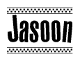 The clipart image displays the text Jasoon in a bold, stylized font. It is enclosed in a rectangular border with a checkerboard pattern running below and above the text, similar to a finish line in racing. 