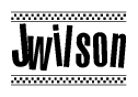 The image contains the text Jwilson in a bold, stylized font, with a checkered flag pattern bordering the top and bottom of the text.