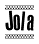 The image contains the text Jola in a bold, stylized font, with a checkered flag pattern bordering the top and bottom of the text.