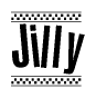The image is a black and white clipart of the text Jilly in a bold, italicized font. The text is bordered by a dotted line on the top and bottom, and there are checkered flags positioned at both ends of the text, usually associated with racing or finishing lines.