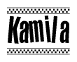 The clipart image displays the text Kamila in a bold, stylized font. It is enclosed in a rectangular border with a checkerboard pattern running below and above the text, similar to a finish line in racing. 