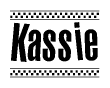 The image contains the text Kassie in a bold, stylized font, with a checkered flag pattern bordering the top and bottom of the text.
