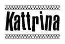 The image is a black and white clipart of the text Kattrina in a bold, italicized font. The text is bordered by a dotted line on the top and bottom, and there are checkered flags positioned at both ends of the text, usually associated with racing or finishing lines.