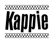 The image is a black and white clipart of the text Kappie in a bold, italicized font. The text is bordered by a dotted line on the top and bottom, and there are checkered flags positioned at both ends of the text, usually associated with racing or finishing lines.