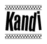 The image is a black and white clipart of the text Kandi in a bold, italicized font. The text is bordered by a dotted line on the top and bottom, and there are checkered flags positioned at both ends of the text, usually associated with racing or finishing lines.