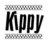 The image is a black and white clipart of the text Kippy in a bold, italicized font. The text is bordered by a dotted line on the top and bottom, and there are checkered flags positioned at both ends of the text, usually associated with racing or finishing lines.