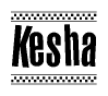 The image is a black and white clipart of the text Kesha in a bold, italicized font. The text is bordered by a dotted line on the top and bottom, and there are checkered flags positioned at both ends of the text, usually associated with racing or finishing lines.