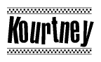 The clipart image displays the text Kourtney in a bold, stylized font. It is enclosed in a rectangular border with a checkerboard pattern running below and above the text, similar to a finish line in racing. 