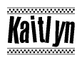 The image is a black and white clipart of the text Kaitlyn in a bold, italicized font. The text is bordered by a dotted line on the top and bottom, and there are checkered flags positioned at both ends of the text, usually associated with racing or finishing lines.