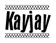 The clipart image displays the text Kayjay in a bold, stylized font. It is enclosed in a rectangular border with a checkerboard pattern running below and above the text, similar to a finish line in racing. 
