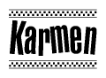 The clipart image displays the text Karmen in a bold, stylized font. It is enclosed in a rectangular border with a checkerboard pattern running below and above the text, similar to a finish line in racing. 