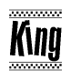 The image is a black and white clipart of the text King in a bold, italicized font. The text is bordered by a dotted line on the top and bottom, and there are checkered flags positioned at both ends of the text, usually associated with racing or finishing lines.