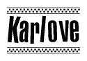 The image contains the text Karlove in a bold, stylized font, with a checkered flag pattern bordering the top and bottom of the text.