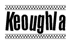 The clipart image displays the text Keoughla in a bold, stylized font. It is enclosed in a rectangular border with a checkerboard pattern running below and above the text, similar to a finish line in racing. 