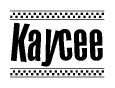 The clipart image displays the text Kaycee in a bold, stylized font. It is enclosed in a rectangular border with a checkerboard pattern running below and above the text, similar to a finish line in racing. 