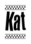 The image is a black and white clipart of the text Kat in a bold, italicized font. The text is bordered by a dotted line on the top and bottom, and there are checkered flags positioned at both ends of the text, usually associated with racing or finishing lines.
