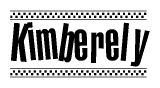 The image is a black and white clipart of the text Kimberely in a bold, italicized font. The text is bordered by a dotted line on the top and bottom, and there are checkered flags positioned at both ends of the text, usually associated with racing or finishing lines.