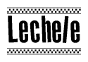 The image is a black and white clipart of the text Lechele in a bold, italicized font. The text is bordered by a dotted line on the top and bottom, and there are checkered flags positioned at both ends of the text, usually associated with racing or finishing lines.