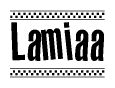 The image is a black and white clipart of the text Lamiaa in a bold, italicized font. The text is bordered by a dotted line on the top and bottom, and there are checkered flags positioned at both ends of the text, usually associated with racing or finishing lines.