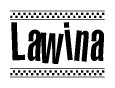 The image is a black and white clipart of the text Lawina in a bold, italicized font. The text is bordered by a dotted line on the top and bottom, and there are checkered flags positioned at both ends of the text, usually associated with racing or finishing lines.