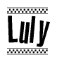 The image is a black and white clipart of the text Luly in a bold, italicized font. The text is bordered by a dotted line on the top and bottom, and there are checkered flags positioned at both ends of the text, usually associated with racing or finishing lines.