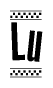 The image is a black and white clipart of the text Lu in a bold, italicized font. The text is bordered by a dotted line on the top and bottom, and there are checkered flags positioned at both ends of the text, usually associated with racing or finishing lines.
