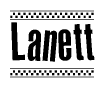 The image contains the text Lanett in a bold, stylized font, with a checkered flag pattern bordering the top and bottom of the text.
