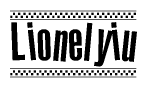The clipart image displays the text Lionelyiu in a bold, stylized font. It is enclosed in a rectangular border with a checkerboard pattern running below and above the text, similar to a finish line in racing. 
