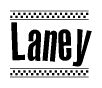 The image is a black and white clipart of the text Laney in a bold, italicized font. The text is bordered by a dotted line on the top and bottom, and there are checkered flags positioned at both ends of the text, usually associated with racing or finishing lines.