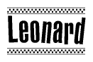 The clipart image displays the text Leonard in a bold, stylized font. It is enclosed in a rectangular border with a checkerboard pattern running below and above the text, similar to a finish line in racing. 