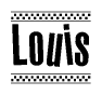 The image contains the text Louis in a bold, stylized font, with a checkered flag pattern bordering the top and bottom of the text.