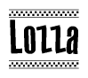 The clipart image displays the text Lozza in a bold, stylized font. It is enclosed in a rectangular border with a checkerboard pattern running below and above the text, similar to a finish line in racing. 
