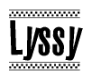 The image contains the text Lyssy in a bold, stylized font, with a checkered flag pattern bordering the top and bottom of the text.