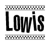 The clipart image displays the text Lowis in a bold, stylized font. It is enclosed in a rectangular border with a checkerboard pattern running below and above the text, similar to a finish line in racing. 