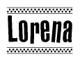 The clipart image displays the text Lorena in a bold, stylized font. It is enclosed in a rectangular border with a checkerboard pattern running below and above the text, similar to a finish line in racing. 