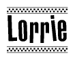 The clipart image displays the text Lorrie in a bold, stylized font. It is enclosed in a rectangular border with a checkerboard pattern running below and above the text, similar to a finish line in racing. 
