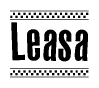 The image is a black and white clipart of the text Leasa in a bold, italicized font. The text is bordered by a dotted line on the top and bottom, and there are checkered flags positioned at both ends of the text, usually associated with racing or finishing lines.