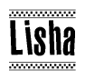 The image is a black and white clipart of the text Lisha in a bold, italicized font. The text is bordered by a dotted line on the top and bottom, and there are checkered flags positioned at both ends of the text, usually associated with racing or finishing lines.