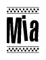 The image is a black and white clipart of the text Mia in a bold, italicized font. The text is bordered by a dotted line on the top and bottom, and there are checkered flags positioned at both ends of the text, usually associated with racing or finishing lines.