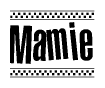 The image contains the text Mamie in a bold, stylized font, with a checkered flag pattern bordering the top and bottom of the text.