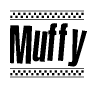 The clipart image displays the text Muffy in a bold, stylized font. It is enclosed in a rectangular border with a checkerboard pattern running below and above the text, similar to a finish line in racing. 