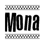 The clipart image displays the text Mona in a bold, stylized font. It is enclosed in a rectangular border with a checkerboard pattern running below and above the text, similar to a finish line in racing. 