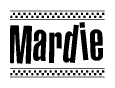 The image is a black and white clipart of the text Mardie in a bold, italicized font. The text is bordered by a dotted line on the top and bottom, and there are checkered flags positioned at both ends of the text, usually associated with racing or finishing lines.