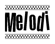 The clipart image displays the text Melodi in a bold, stylized font. It is enclosed in a rectangular border with a checkerboard pattern running below and above the text, similar to a finish line in racing. 