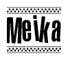 The clipart image displays the text Meika in a bold, stylized font. It is enclosed in a rectangular border with a checkerboard pattern running below and above the text, similar to a finish line in racing. 